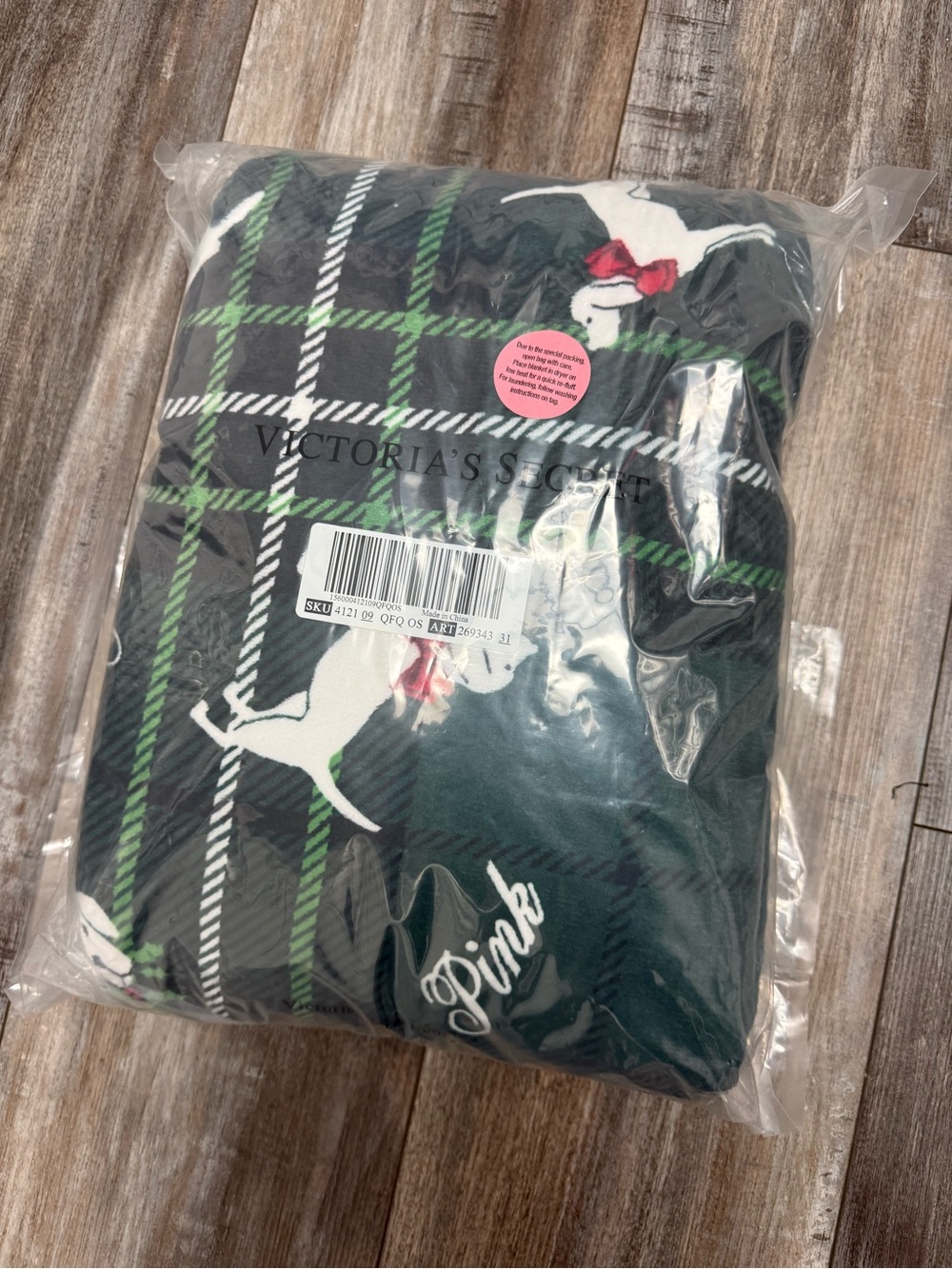 PINK Victoria's Secret Green Plaid Reindeer Throw Sherpa Blanket